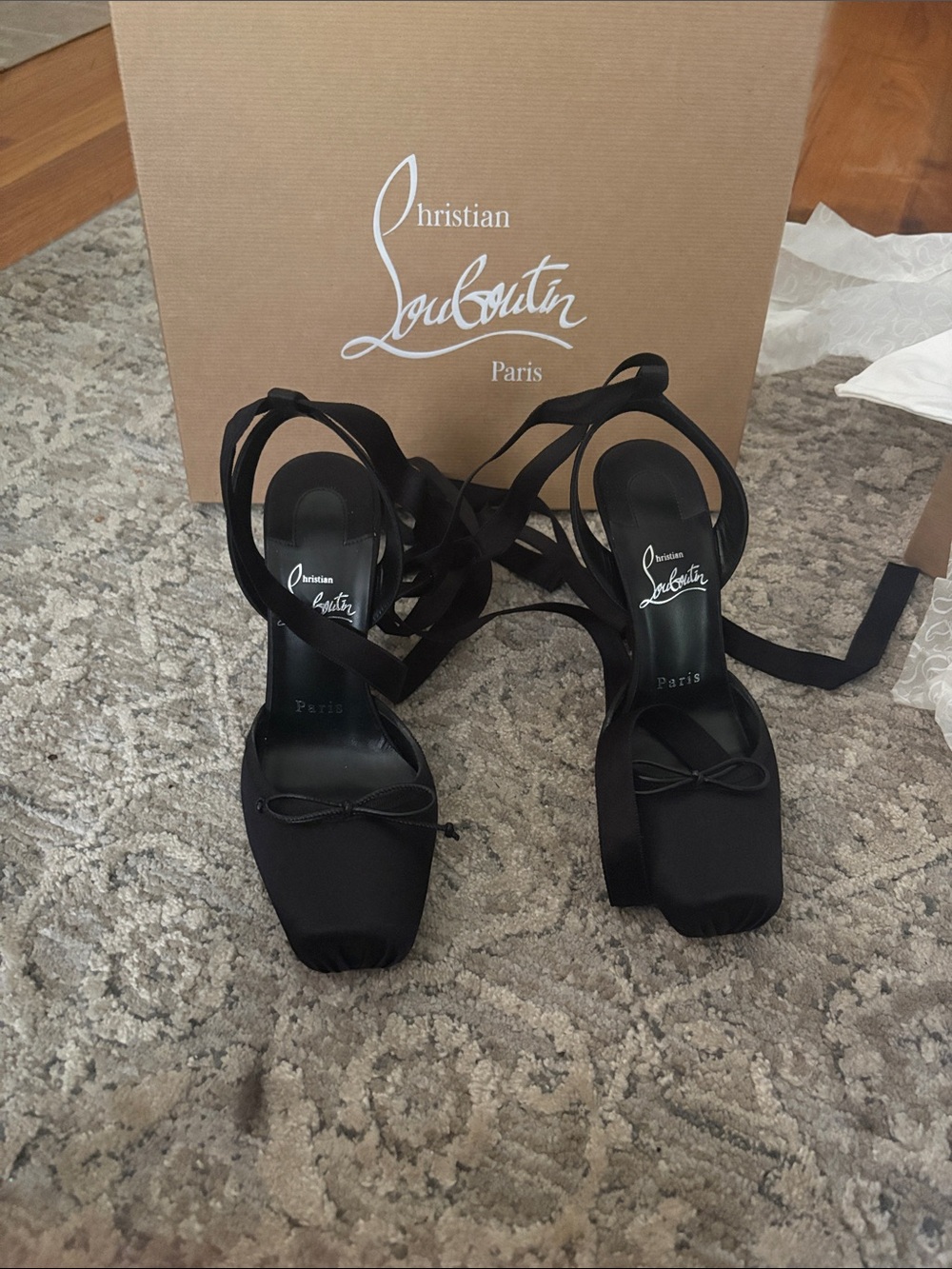 Christian Louboutin Black Satin Square-Toe Ankle-Tie Heels - Picture 1 of 4